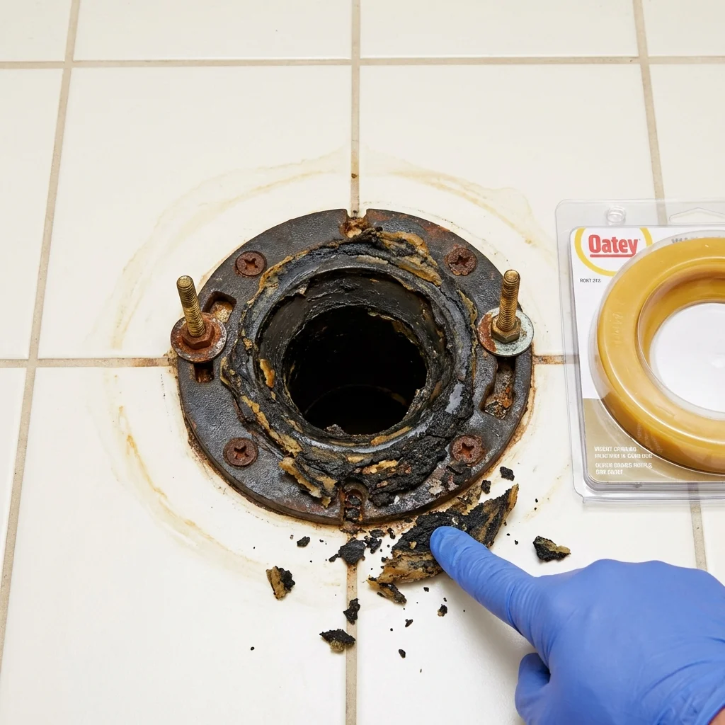 Failed wax ring showing water seepage at the base of a toilet in a Chester, IL home