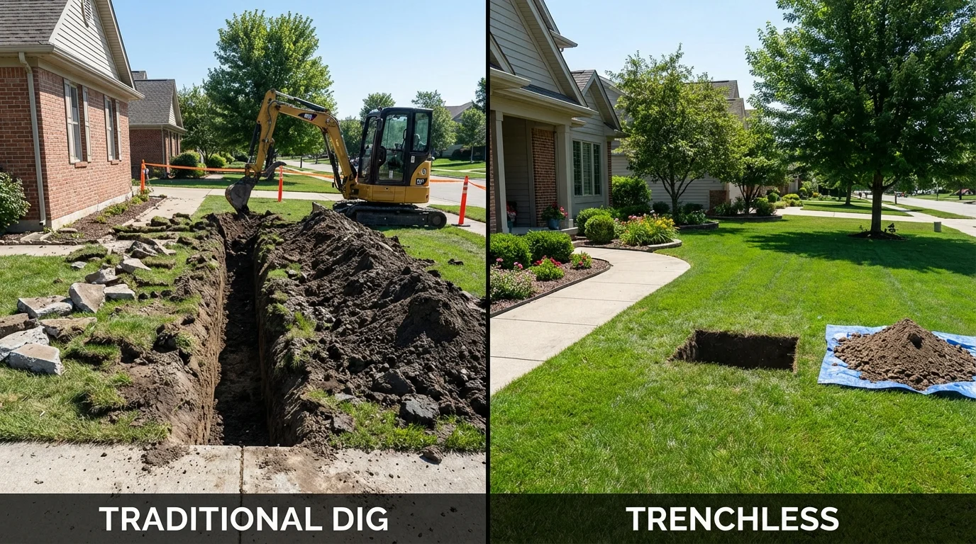 Trenchless sewer repair with minimal yard damage versus traditional excavation in Chester, IL