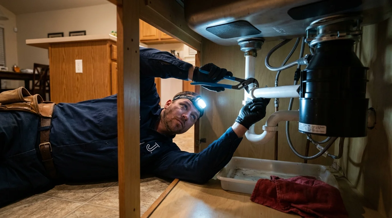 P-trap and supply line connections under a kitchen sink showing a common leak point in Chester, IL